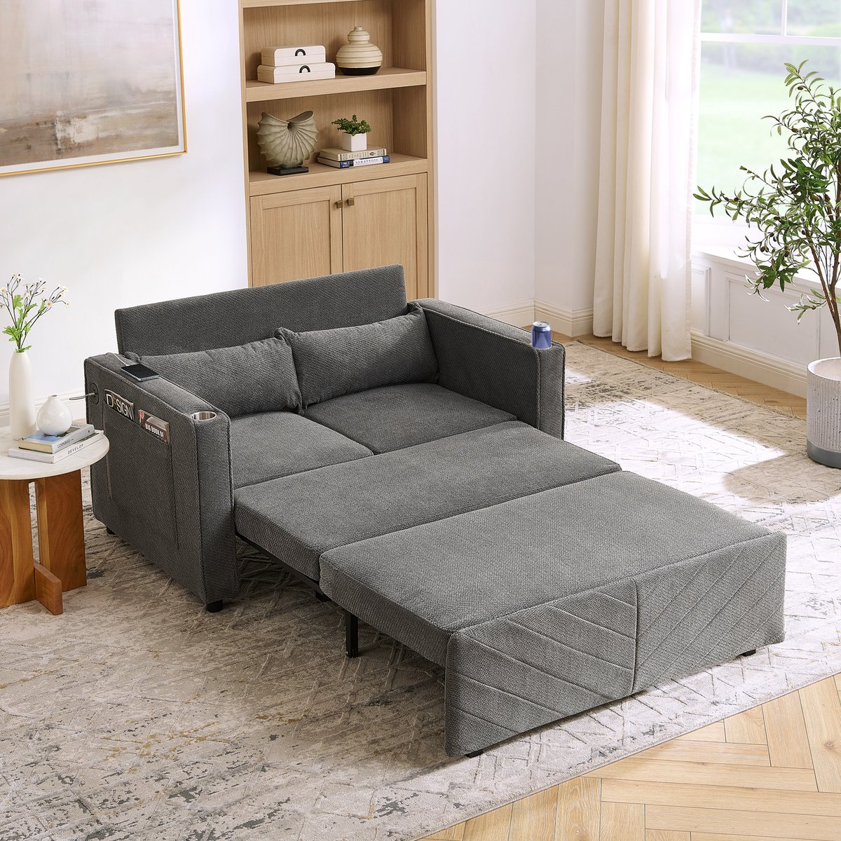 3-in-1 slaapbank 2-zits - Geschikt voor woonkamer, logeerbed en kantoor - 2 personen - Donkergrijs - Eenvoudig schuifmechanisme tot bed - USB oplaadpoort - Minimalistisch design