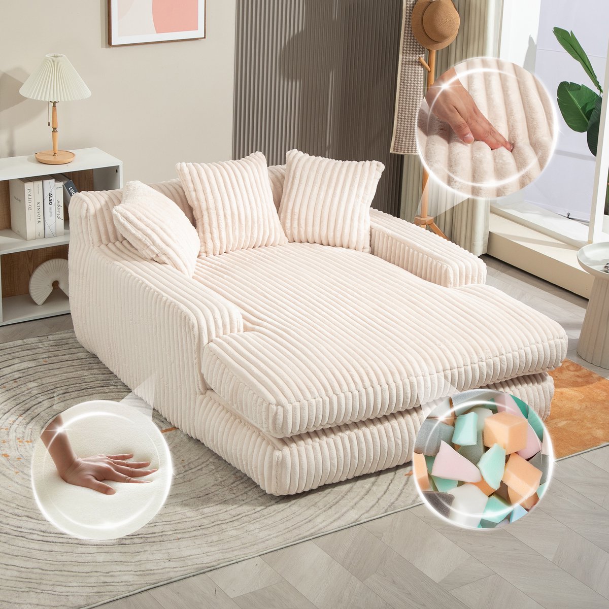 Cord cloud loungesofa met slaapfunctie - voor woonkamer, kantoor en slaapkamer - 1 persoon, 125x155 cm - beige - 3 kussens inbegrepen - geen montage nodig - draagvermogen 150 kg