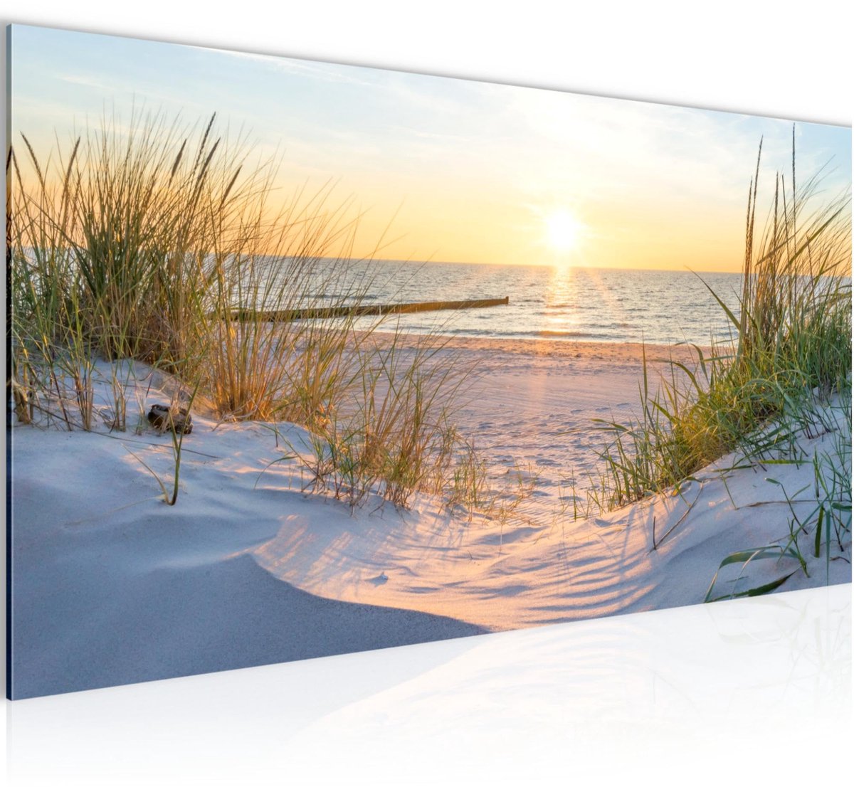 Famanu – Schilderij van een strand zonsondergang, modern fleece niet-geweven canvas voor huiskamer en hal, zee en natuur in blauw en beige