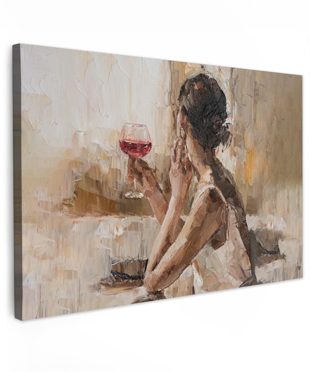 Famanu – Canvas schilderij 120 x 80 cm, kamerdecoratie voor woonkamer en slaapkamer, wanddecoratie met olieverf van een vrouw met wijn