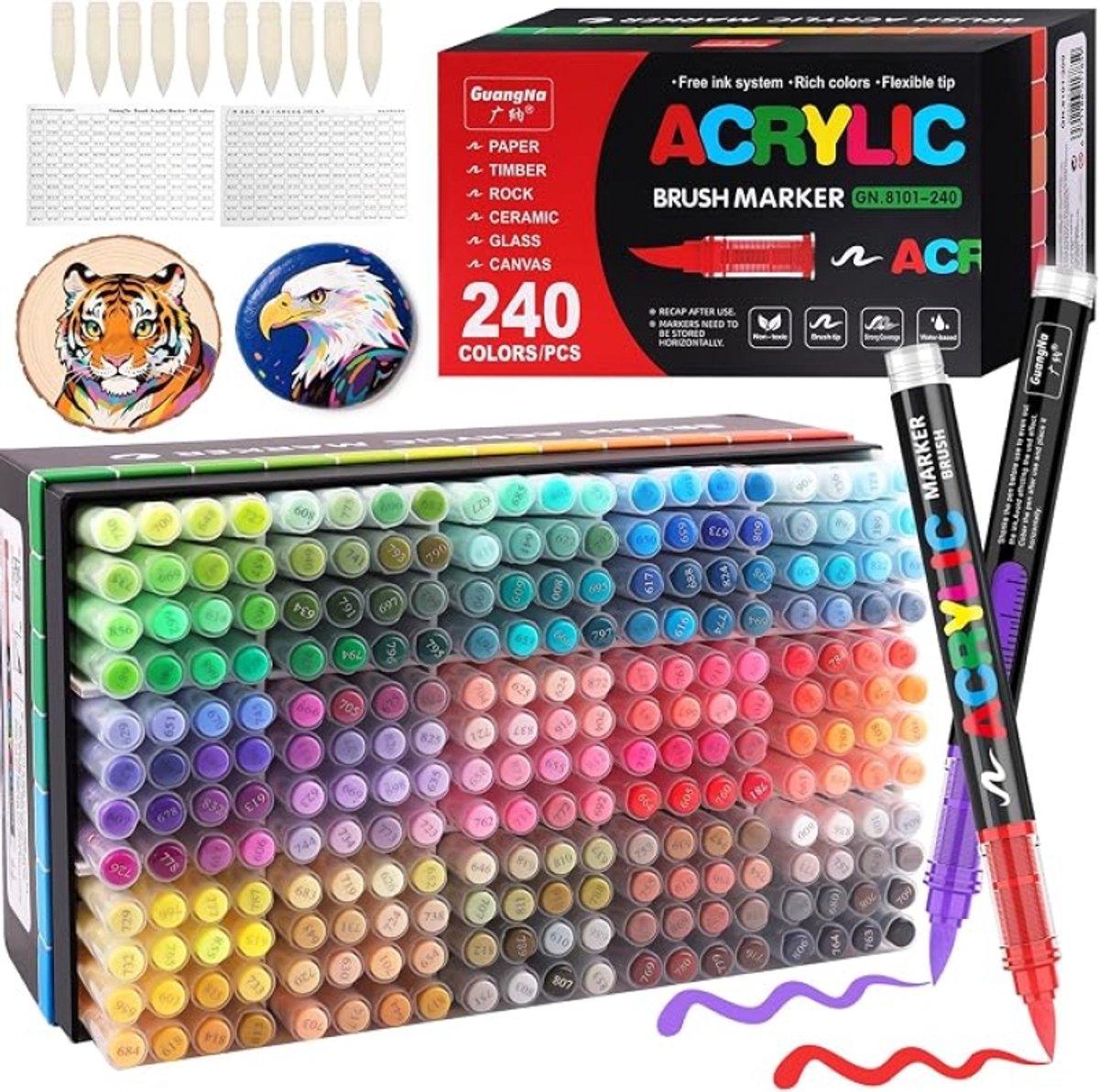 240 kleuren acrylverfpennen set - Verfmarkers met flexibele penseelpunt - Acrylstiften voor op steen, hout, glas, keramiek, papier - Inclusief vervangbare punten en kleurenkaarten