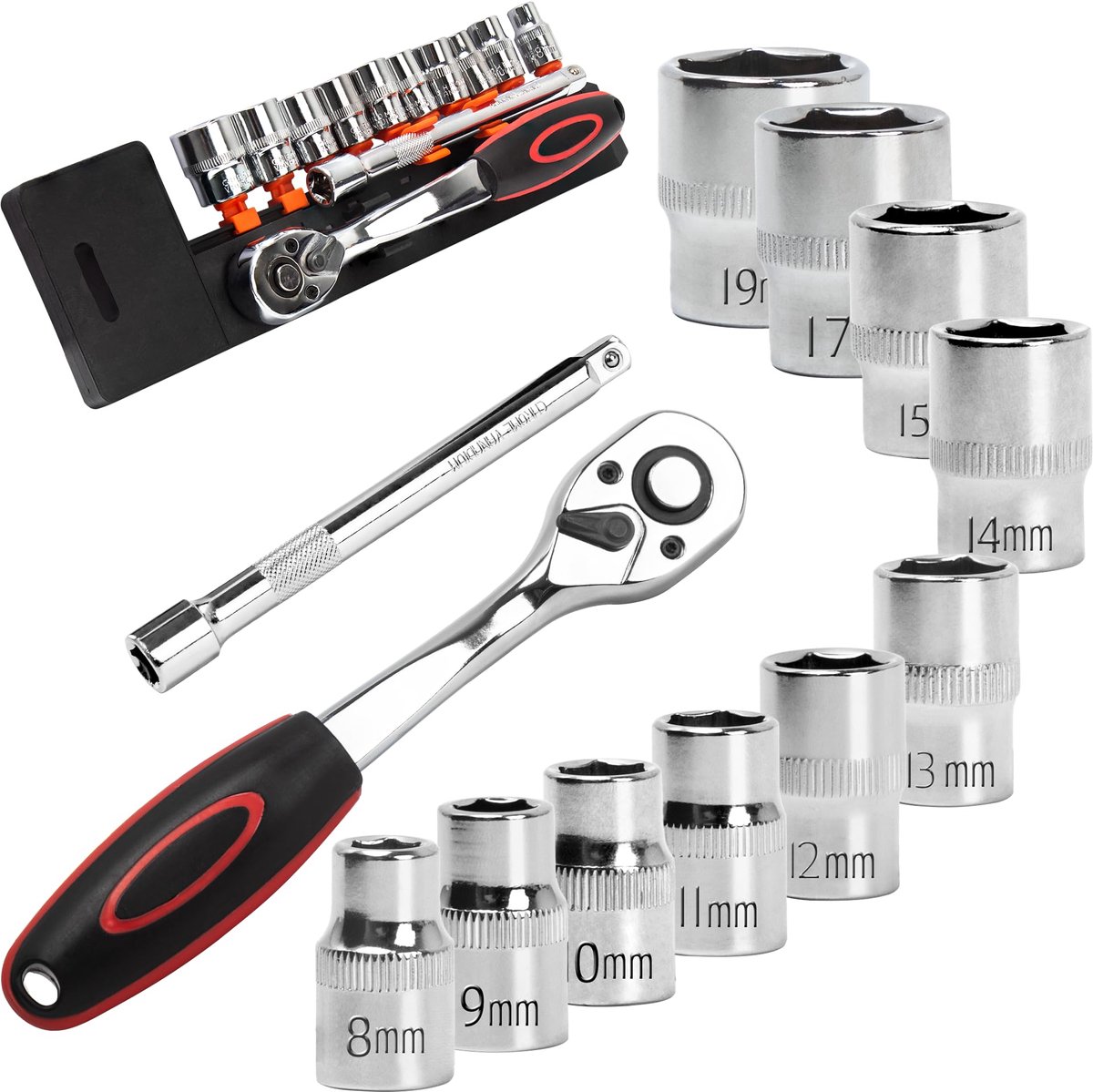 Steeksleutelset 12-delig - 3/8" ratels - 8mm tot 19mm zeskantbithouders - met verlengstuk 150mm - ShopVlot