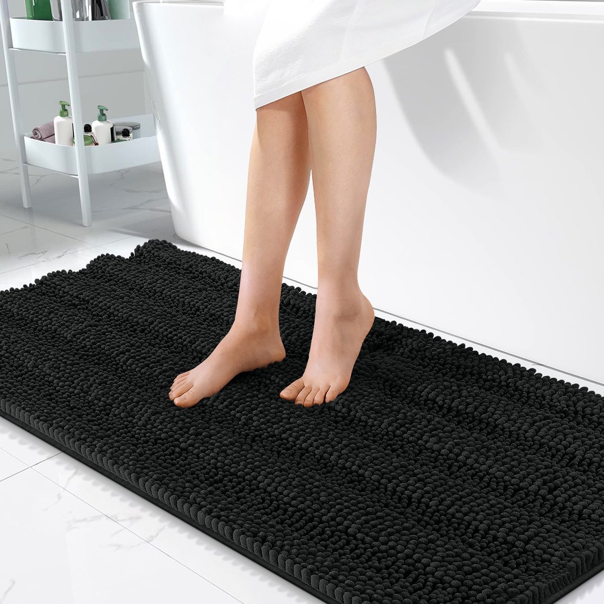 Olanly Badmat Antislip – Chenille Lang Douchemat – Rubberen Achterkant – Badmat Badkamer – Zwart – 61X120cm
