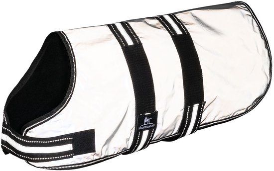 Reflecterende hondenjas met klittenbandsluitingen en een label met een hond erop.