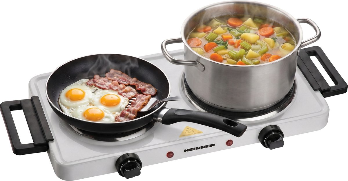 Heinner HDHP-KH2500WH Dubbele Elektrische Kookplaat – 2500W – 2 Gietijzeren Kookplaten – Ø18,5 cm + Ø15,5 cm – Instelbare Thermostaten – Oververhittingsbeveiliging – Antislipvoetjes – Wit – 3 Jaar Garantie