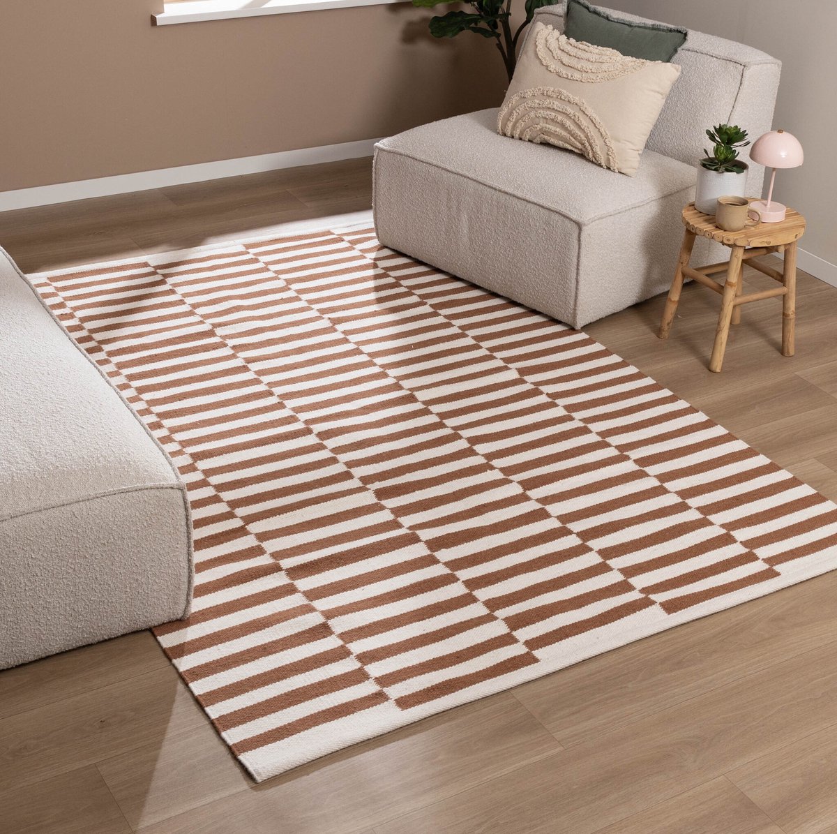 Fraai Katoenen vloerkleed - Dazzle Blocks Bruin/Wit - 80x150cm