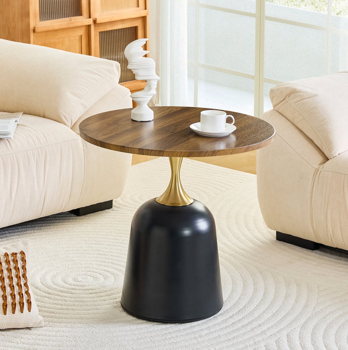 MODENUIT Bijzettafel - Rond Blad In Walnussoptiek - Voor Woonkamer En Slaapkamer - Metaal - 60 Cm - Walnoot Zwart