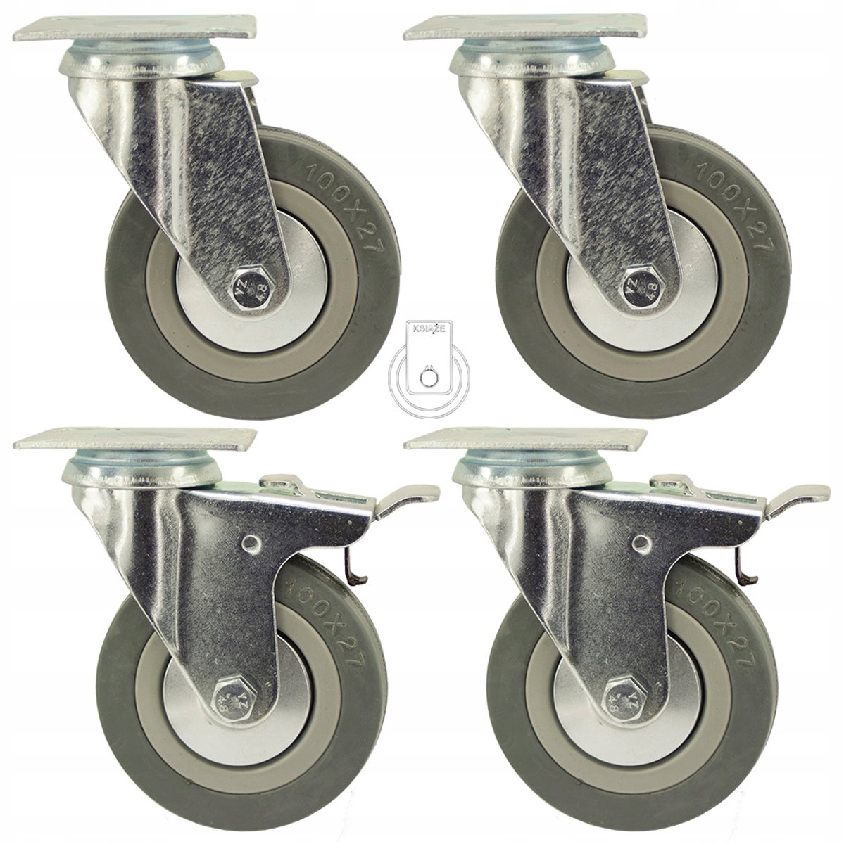 4x Zwenkwielen 100mm met Plaat, Rubber PP, Merkloos