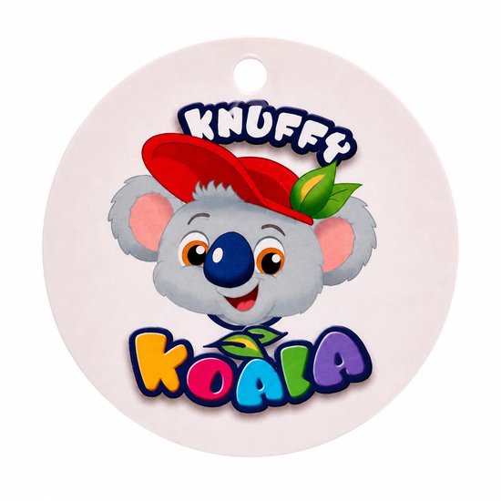 Ronde kaart met afbeelding van koala met rode pet, 'Knuffy' en 'Koala' logo.
