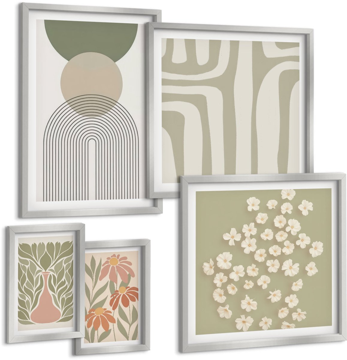TULUP 4-Delige Schilderij Set - Stijlvolle afbeeldingen in pasteltinten met plantmotieven. - 50 x 50 cm, 20 x 30 cm en 40 x 60 cm - Muurdecoratie - Interieur Decoratie Zilveren lijst
