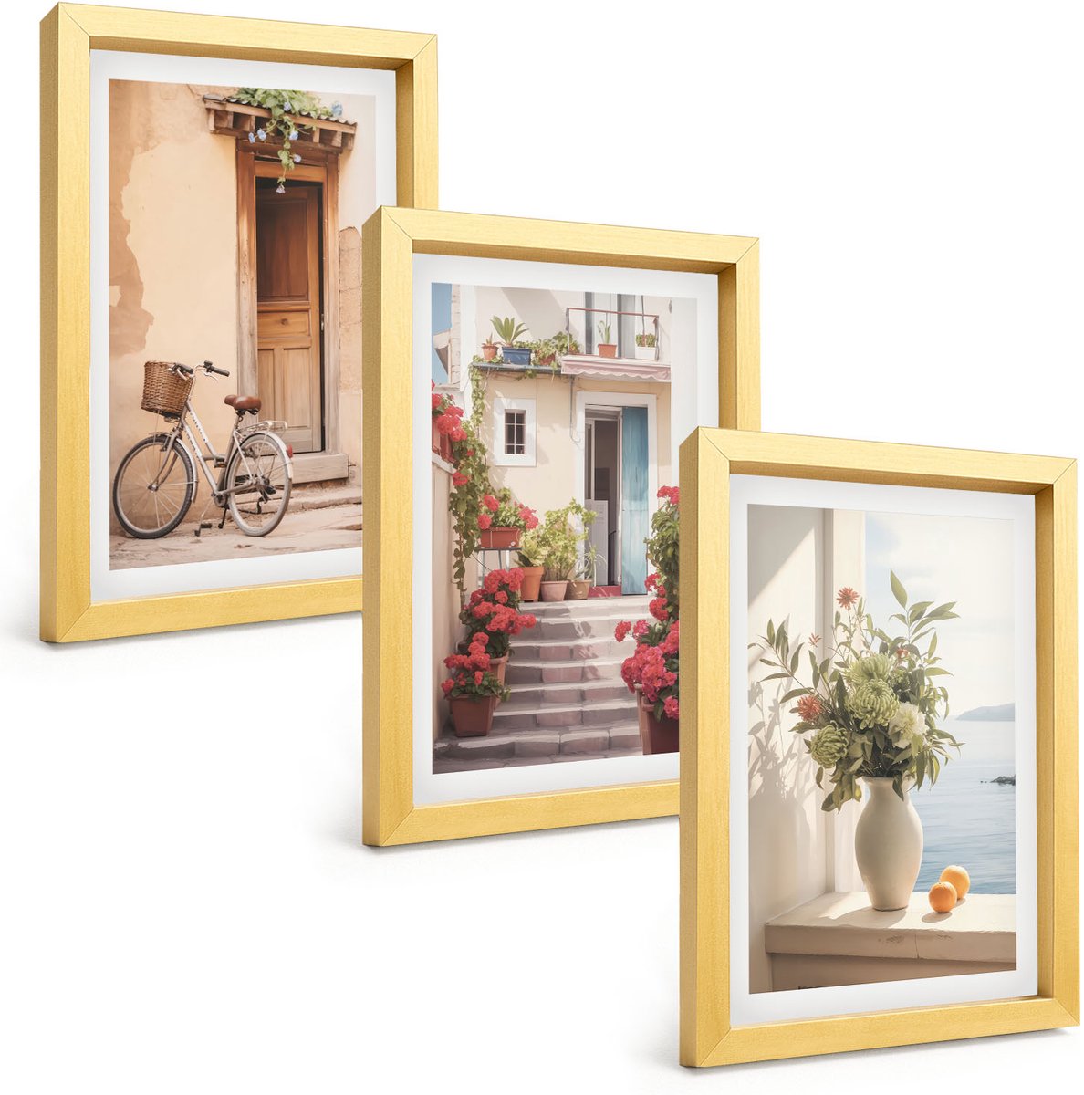 TULUP 4-Delige Schilderij Set - Charmante straatjes langs de kust met bloemen en fietsen. - 20 x 30 cm - Muurdecoratie - Interieur Decoratie - Wanddecoratie Gouden lijst
