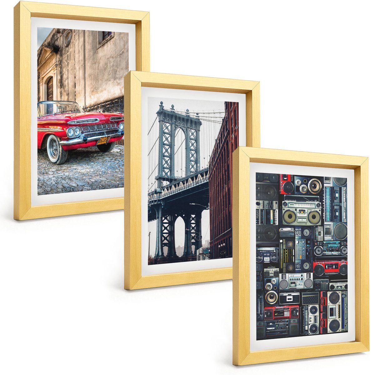 TULUP 4-Delige Schilderij Set - Oude auto op straat bij de Brooklyn Bridge en retro audioapparatuur - 20 x 30 cm - Muurdecoratie - Interieur Decoratie - Decoratieve Schilderijen Gouden lijst