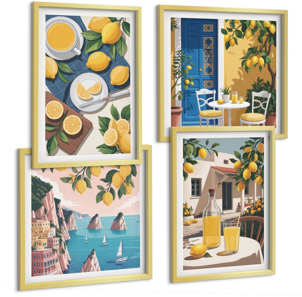TULUP 4-Delige Schilderij Set - Lemonade, Italiaans uitzicht en een zonnig terras - 40 x 40 cm en 40 x 60 cm - Wanddecoratie - Schilderijen Set - Kantoor - Muurdecoratie Gouden lijst