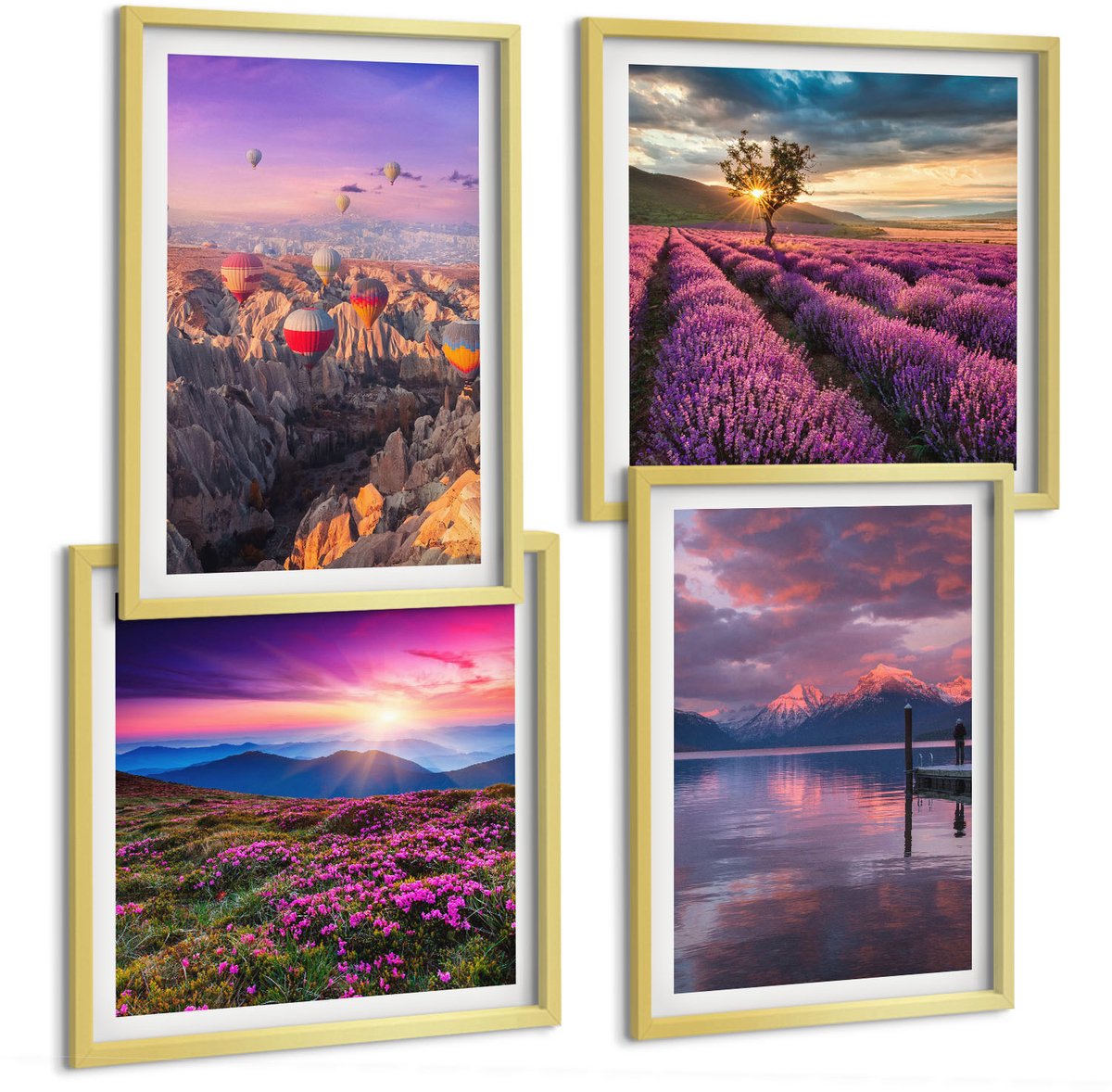 TULUP 4-Delige Schilderij Set - Landschap met lavendelvelden en zonsondergang - 40 x 40 cm en 40 x 60 cm - Wanddecoratie - Schilderijen Set - Interieur - Stijlvolle Muurdecoratie Gouden lijst