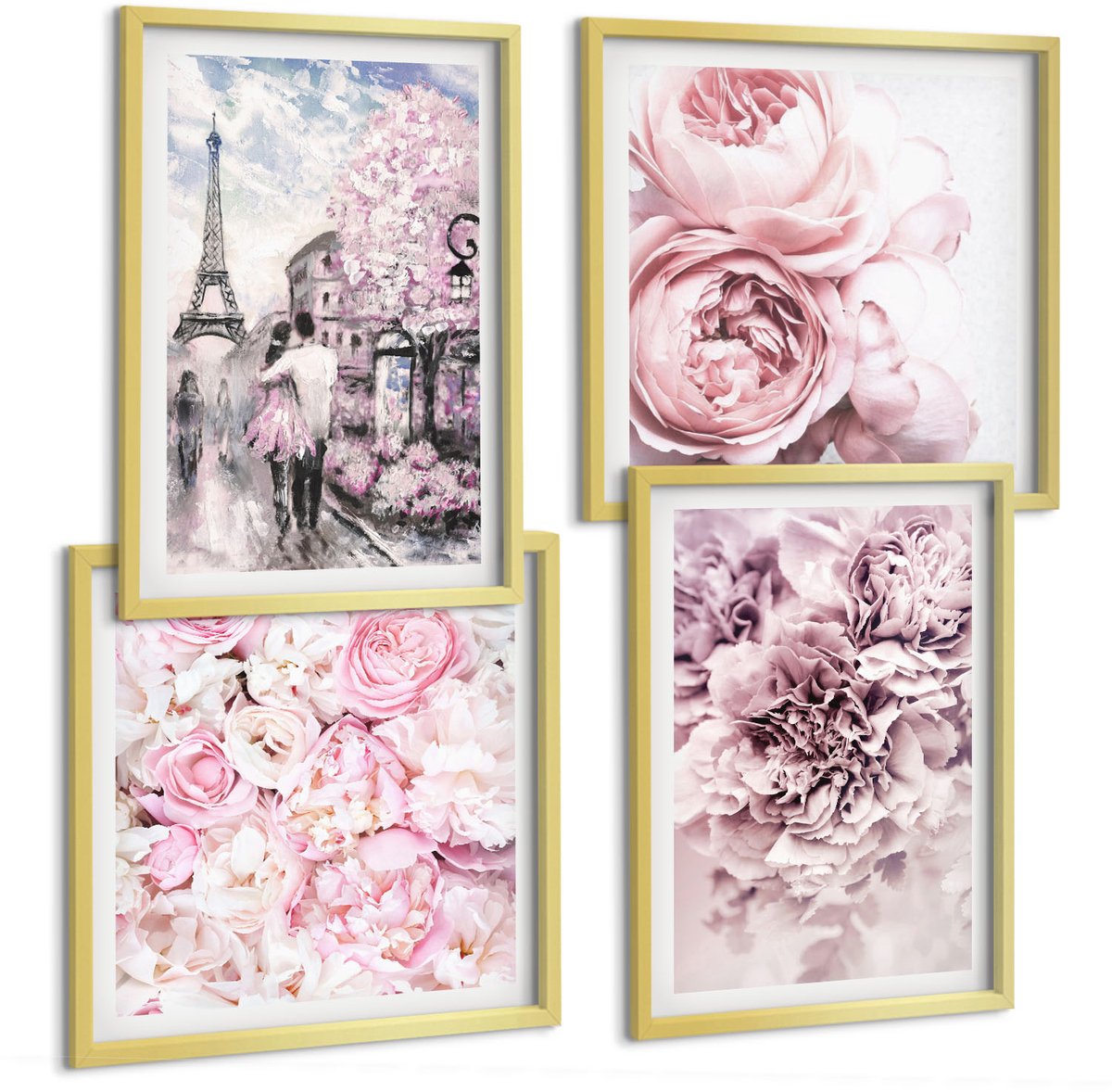 TULUP 4-Delige Schilderij Set - Bloemen in verschillende tinten roze, romantisch landschap - 40 x 40 cm en 40 x 60 cm - Stijlvolle Wanddecoratie - Interieur Gouden lijst