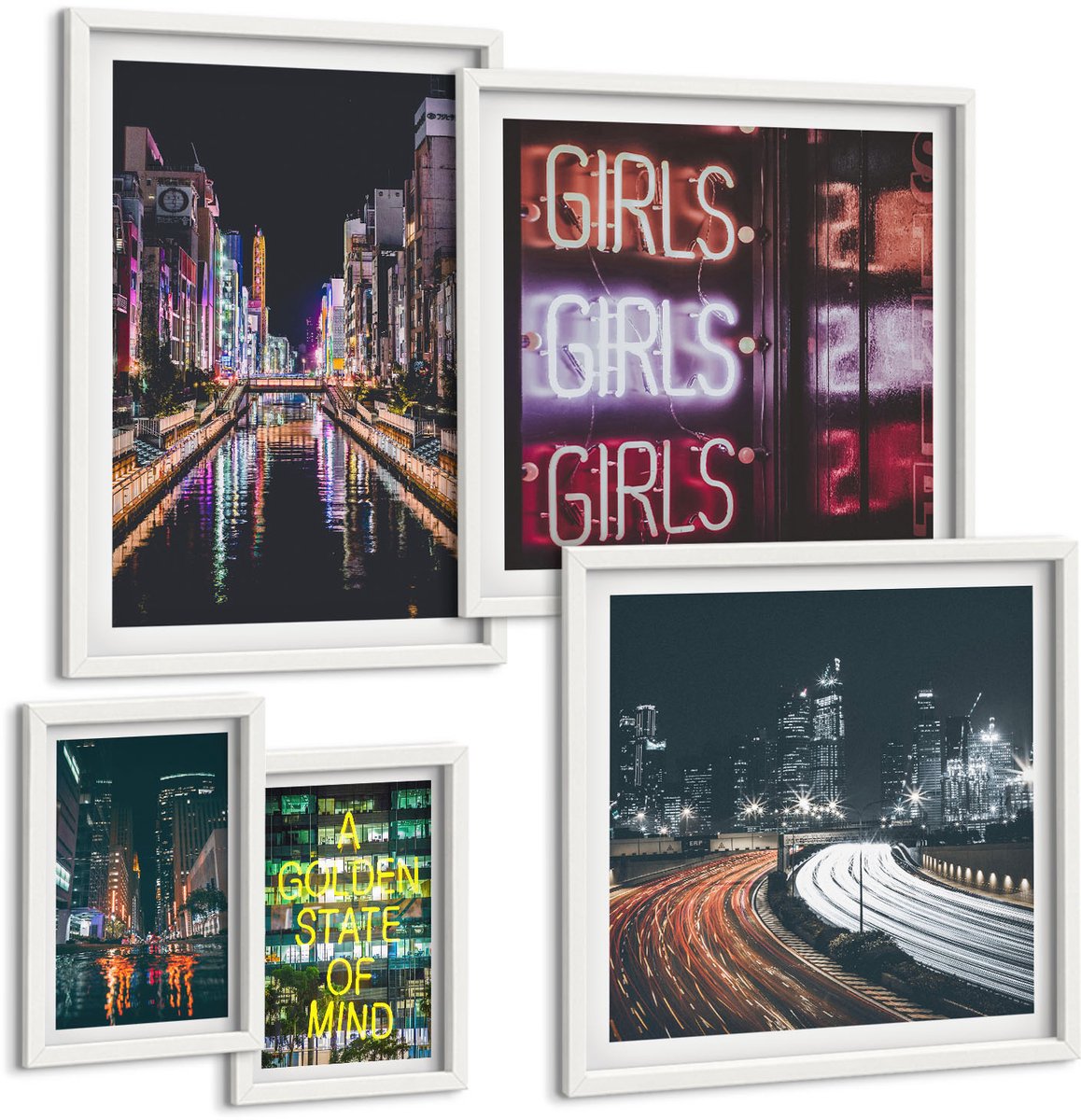 Tulup 4-Delige Schilderij Set - Moderne stad 's nachts met neonlichten en reflecties in het water. - 50 x 50 cm, 20 x 30 cm en 40 x 60 cm - Muurdecoratie - Interieur Decoratie - Woonkamer Decoratie