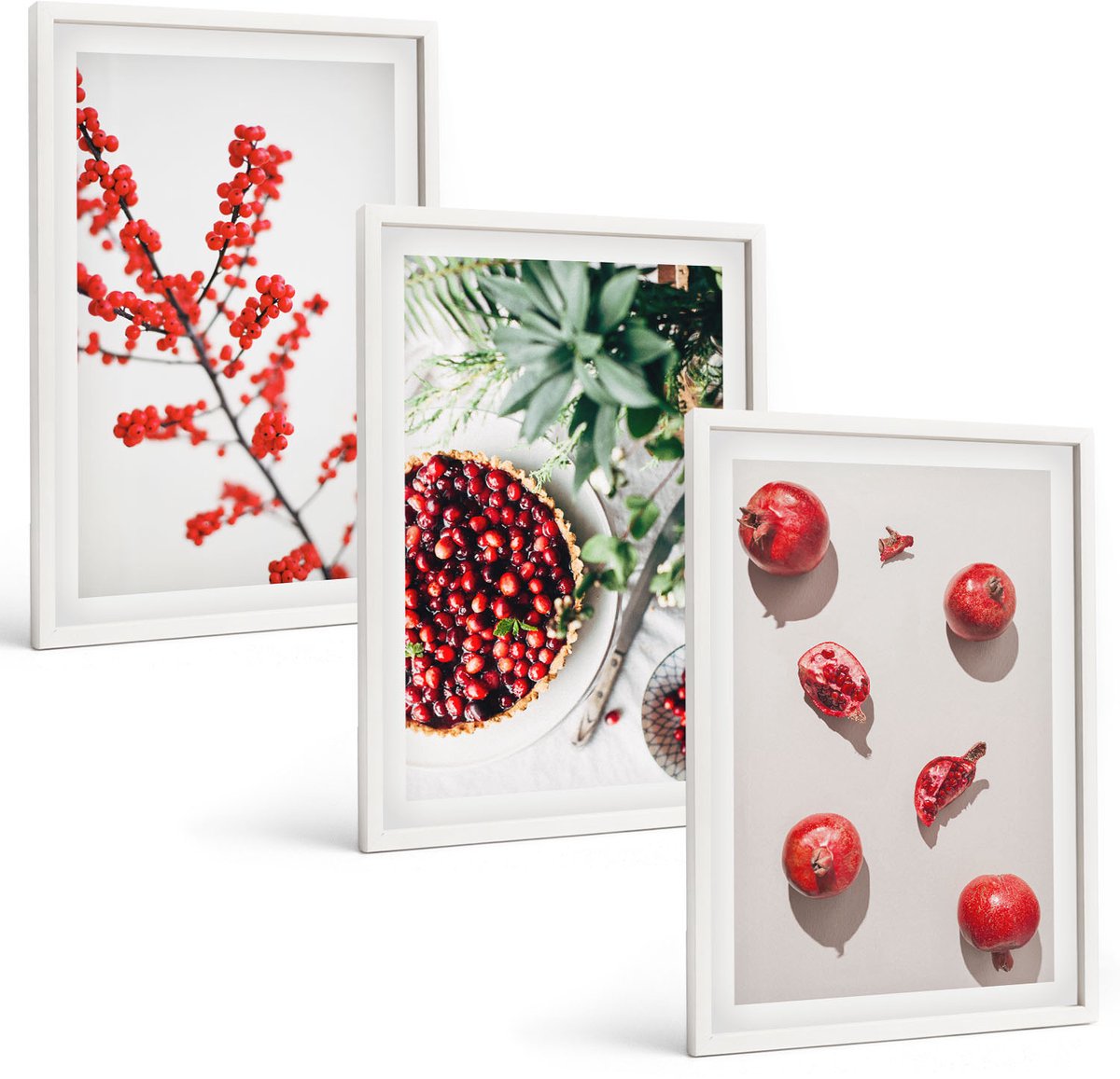Tulup 3-Delige Schilderij Set - Rode vruchten en planten in een minimalistische stijl - 40x60 - Stijlvolle Wanddecoratie - Interieur - Interieur Decoratie