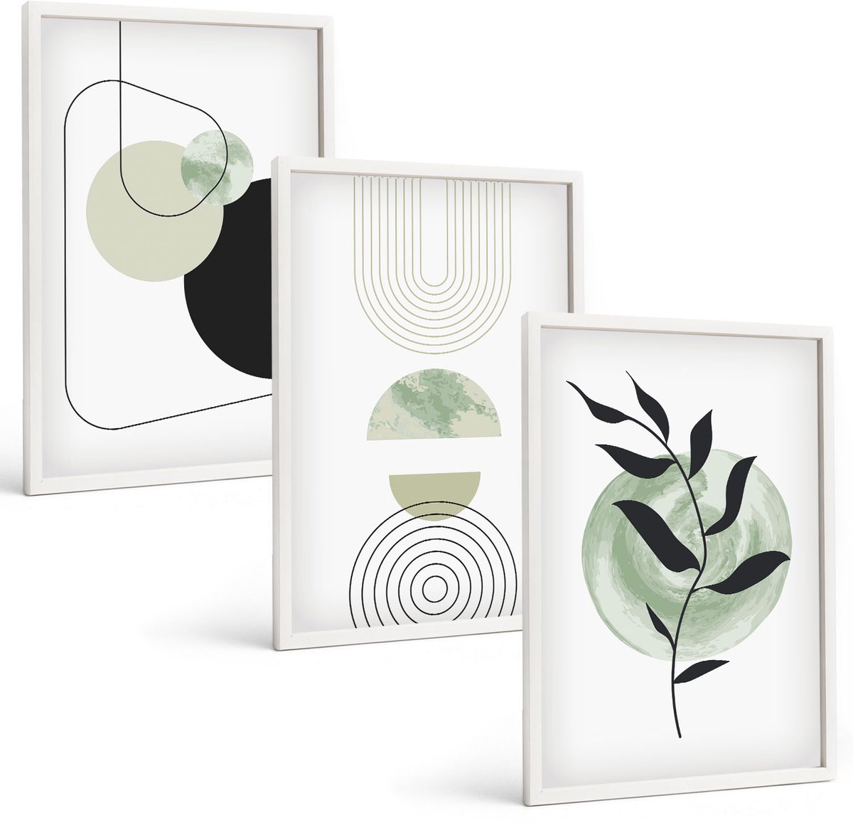 Tulup 3-Delige Schilderij Set - Abstracte vormen en plantmotieven in groen - 40x60 - Muurdecoratie - Schilderijen Set - Woonkamer - Stijlvolle Muurdecoratie