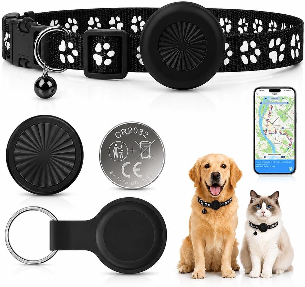 GPS Halsband voor Huisdieren - Zwart - Verstelbare Halsband met Dubbel Lokalisatiesysteem - Voor Katten en Kleine Honden