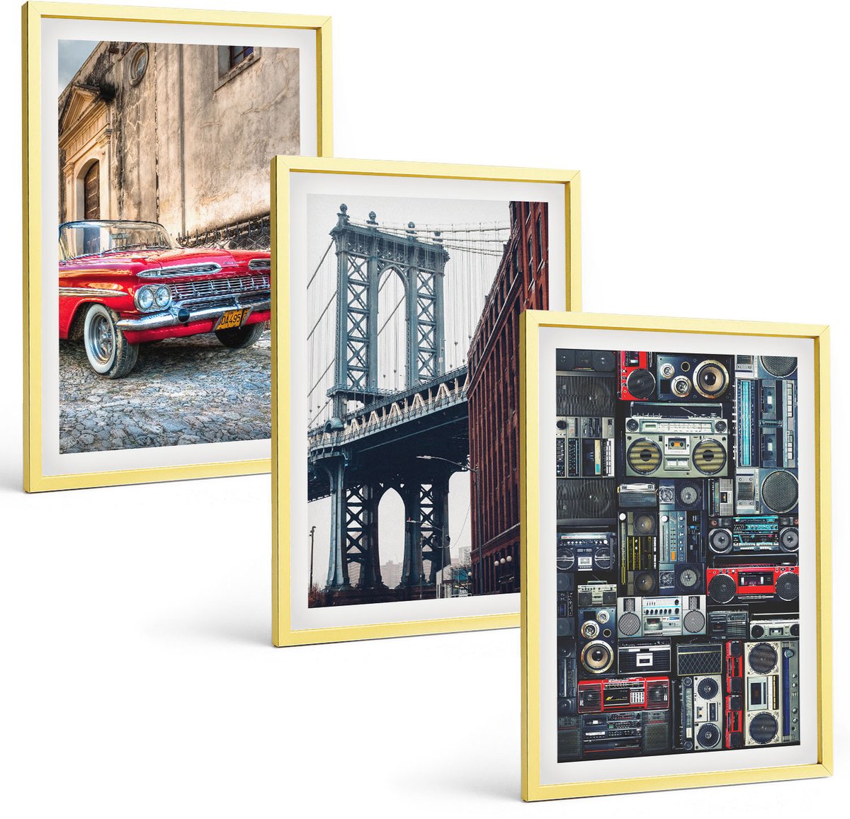 TULUP 4-Delige Schilderij Set - Oude auto op straat bij de Brooklyn Bridge en retro audioapparatuur - 40 x 60 cm - Wanddecoratie - Muurdecoratie - Moderne Interieurdecoratie - Decoratieve Schilderijen Gouden lijst