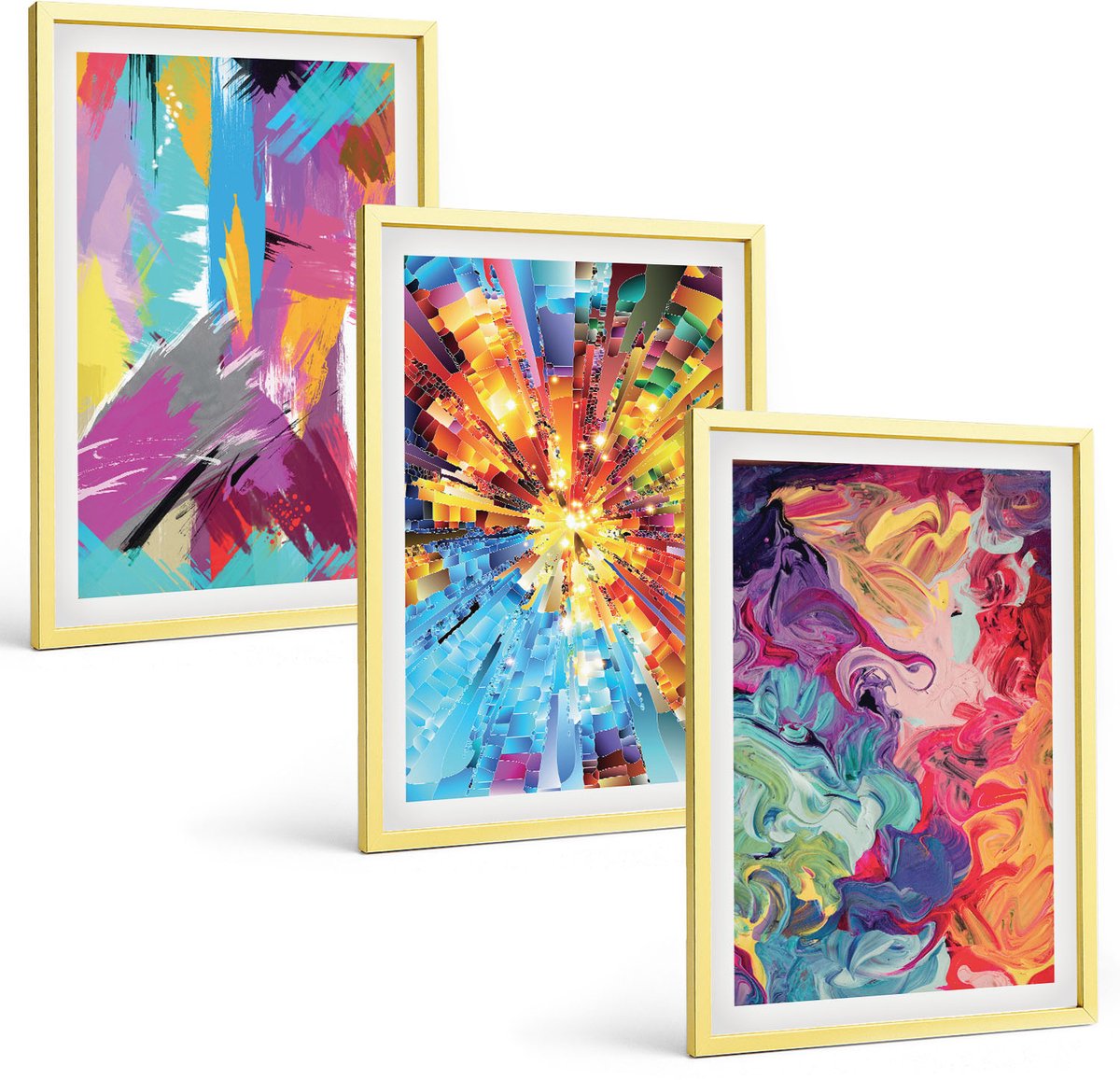 TULUP 4-Delige Schilderij Set - Kleurrijke abstracte schilderijen met dynamische patronen - 40 x 60 cm - Wanddecoratie - Woonkamer Decoratie - Moderne Wanddecoratie Gouden lijst