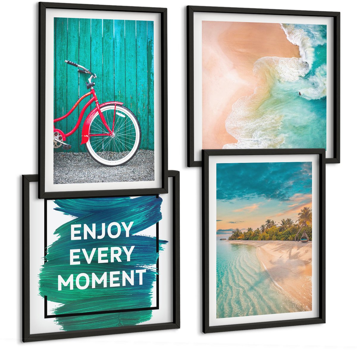 Tulup 4-Delige Schilderij Set - Zeezicht met boot en fiets, inspirerende belettering - 40 x 40 cm en 40 x 60 cm - Decoratieve Schilderijen - Wanddecoratie - Hal - Stijlvolle Muurdecoratie