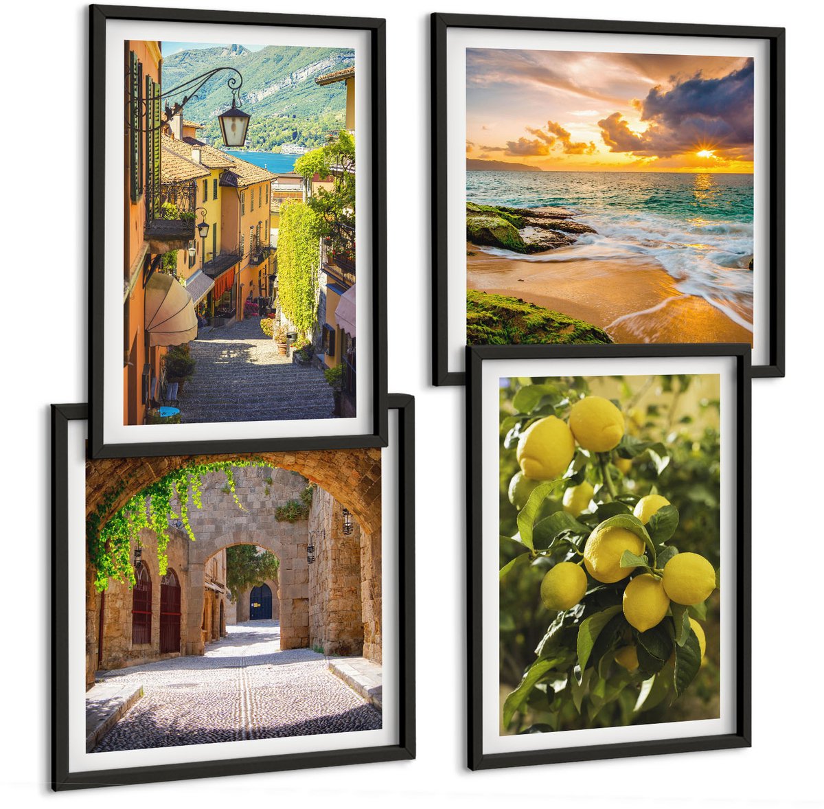 Tulup 4-Delige Schilderij Set - Schilderachtige straatjes, zee, strand en citrusbomen. - 40 x 40 cm en 40 x 60 cm - Muurdecoratie - Wanddecoratie - Hal - Woonkamer Decoratie
