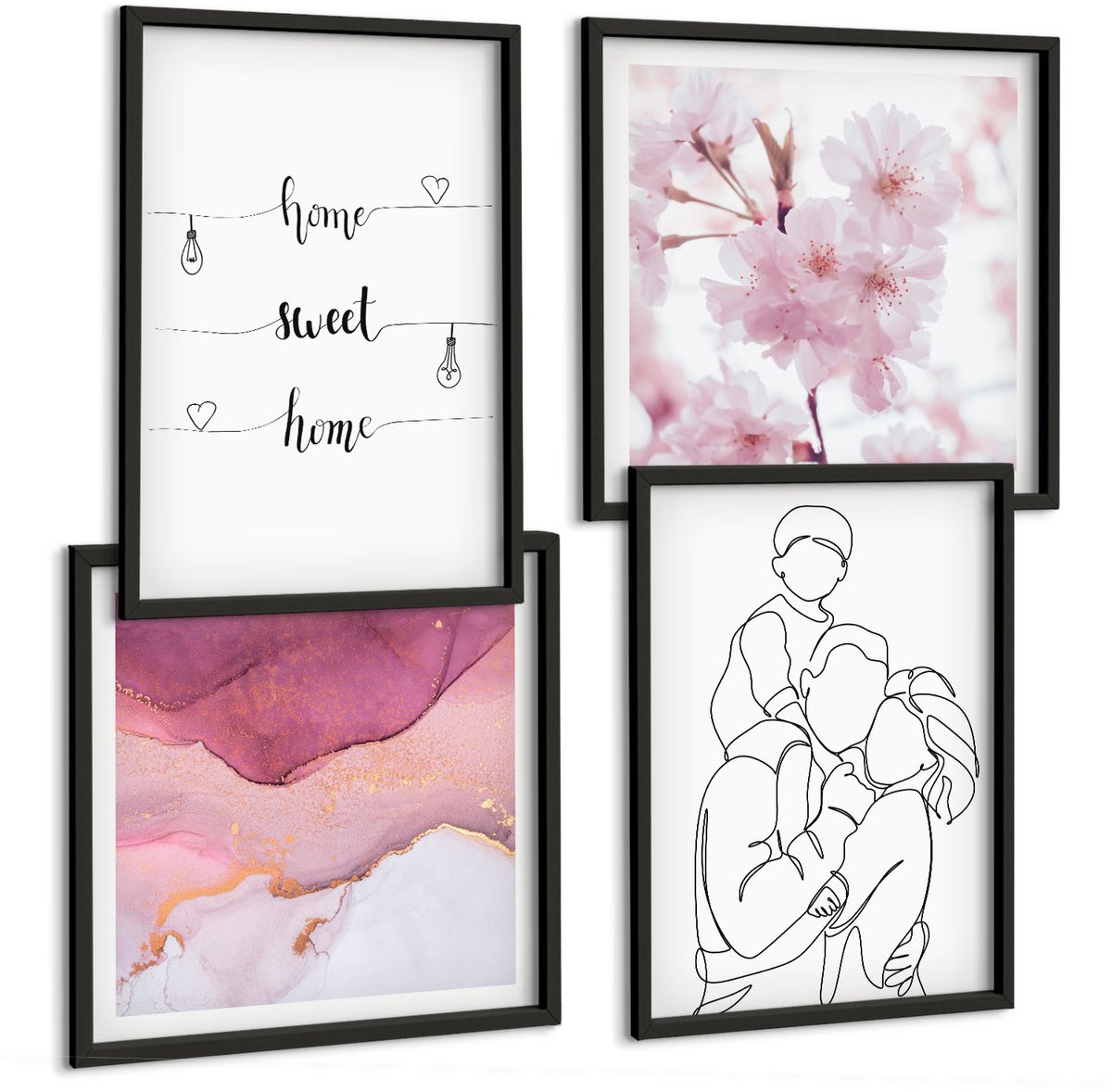 Tulup 4-Delige Schilderij Set - Bloemen en familie in minimalistisch design. - 40 x 40 cm en 40 x 60 cm - Muurdecoratie - Schilderijen Set - Woonkamer - Interieur Decoratie