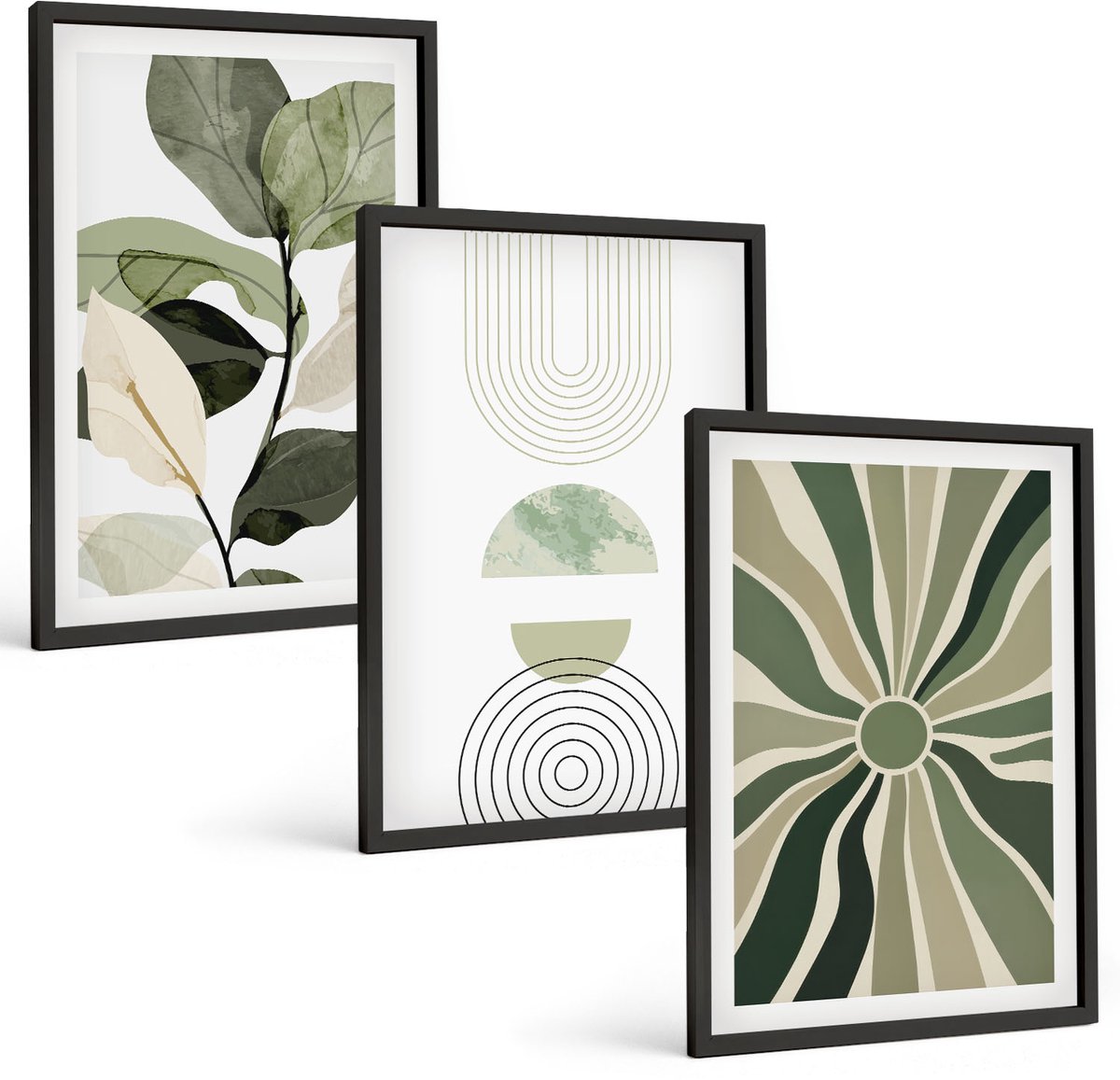 Tulup 4-Delige Schilderij Set - Plantmotieven met geometrische vormen in groen - 40 x 60 cm - Decoratieve Schilderijen - Wanddecoratie - Hal - Woonkamer Decoratie