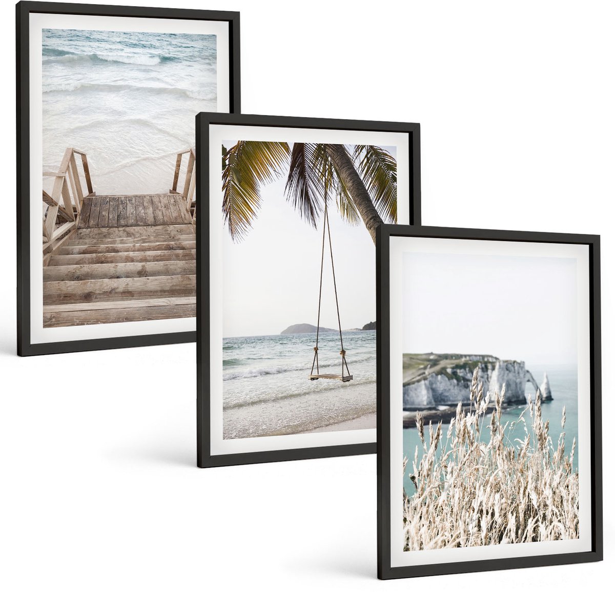 Tulup 4-Delige Schilderij Set - Strand met houten trap en een schommel aan zee - 40 x 60 cm - Wanddecoratie - Moderne Interieurdecoratie