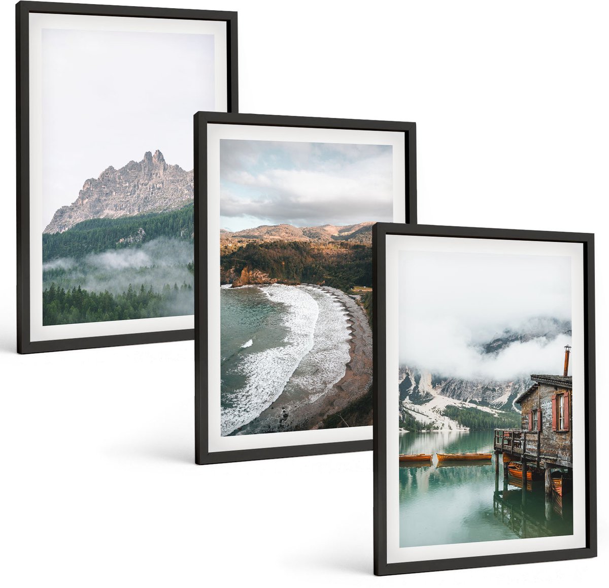 Tulup 4-Delige Schilderij Set - Berglandschap met een strand en een houten huis - 40 x 60 cm - Moderne Wanddecoratie - Slaapkamer - Stijlvolle Muurdecoratie