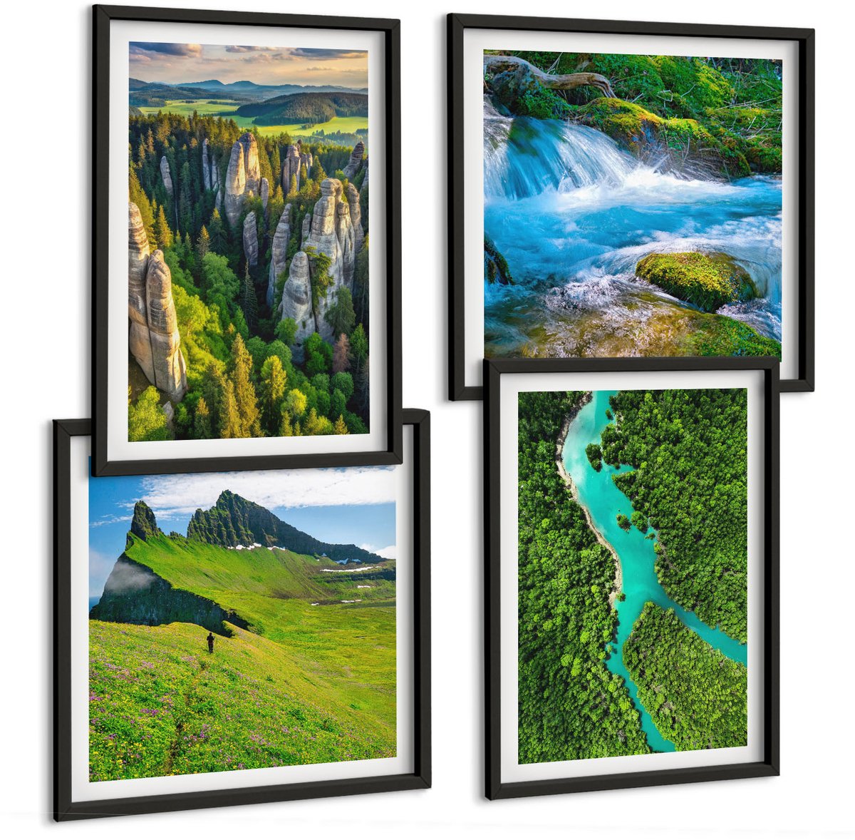 Tulup 4-Delige Schilderij Set - Groene berglandschappen met rivier en rotsen - 40 x 40 cm en 40 x 60 cm - Schilderijen Set - Wanddecoratie - Woonkamer - Muurdecoratie