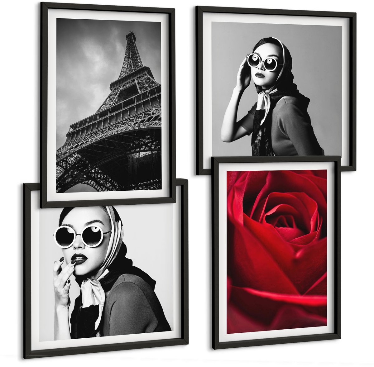 Tulup 4-Delige Schilderij Set - Parijse vrouw met bril, roos en Eiffeltoren - 40 x 40 cm en 40 x 60 cm - Stijlvolle Muurdecoratie - Slaapkamer