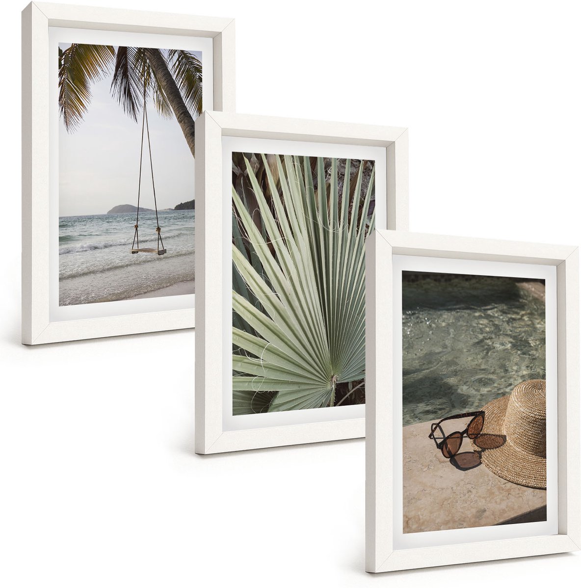 Tulup 3-Delige Schilderij Set - Vakantie aan het strand met palmbladerenschommel - 20x30 - Moderne Wanddecoratie - Slaapkamer - Stijlvolle Muurdecoratie