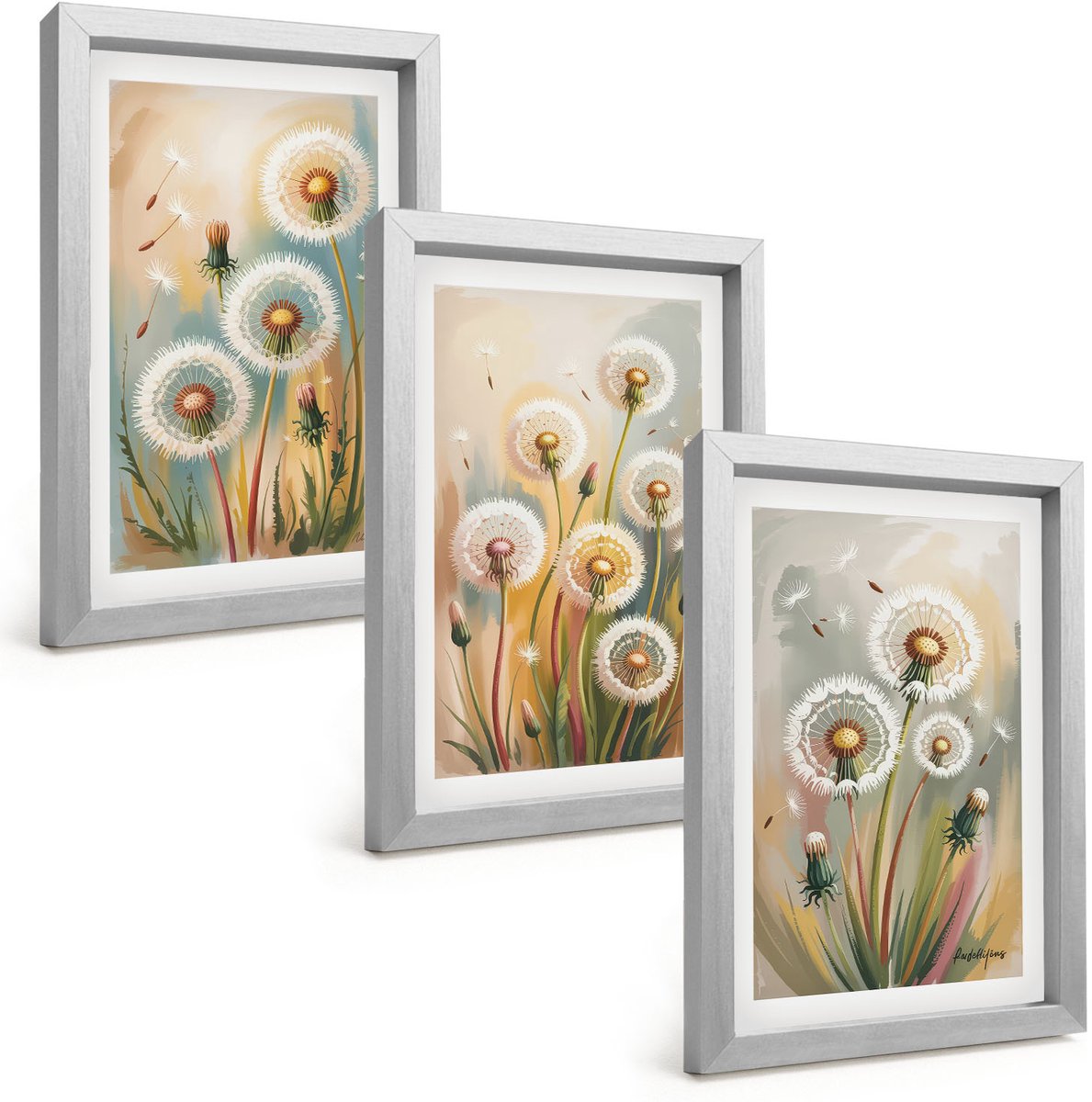 Tulup 4-Delige Schilderij Set - Paardenbloemen tegen een pastelkleurige grasachtergrond - 20 x 30 cm - Schilderijen Set - Wanddecoratie - Woonkamer - Stijlvolle Muurdecoratie