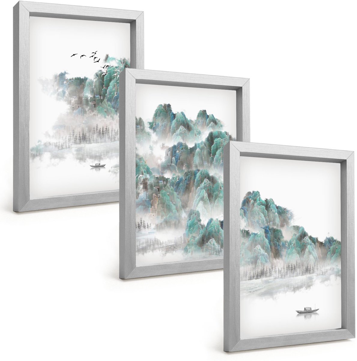 Tulup 4-Delige Schilderij Set - Bergen in de wolken met vogels en een boot op het water. Japandi - 20 x 30 cm - Muurdecoratie - Schilderijen Set - Woonkamer - Stijlvolle Muurdecoratie