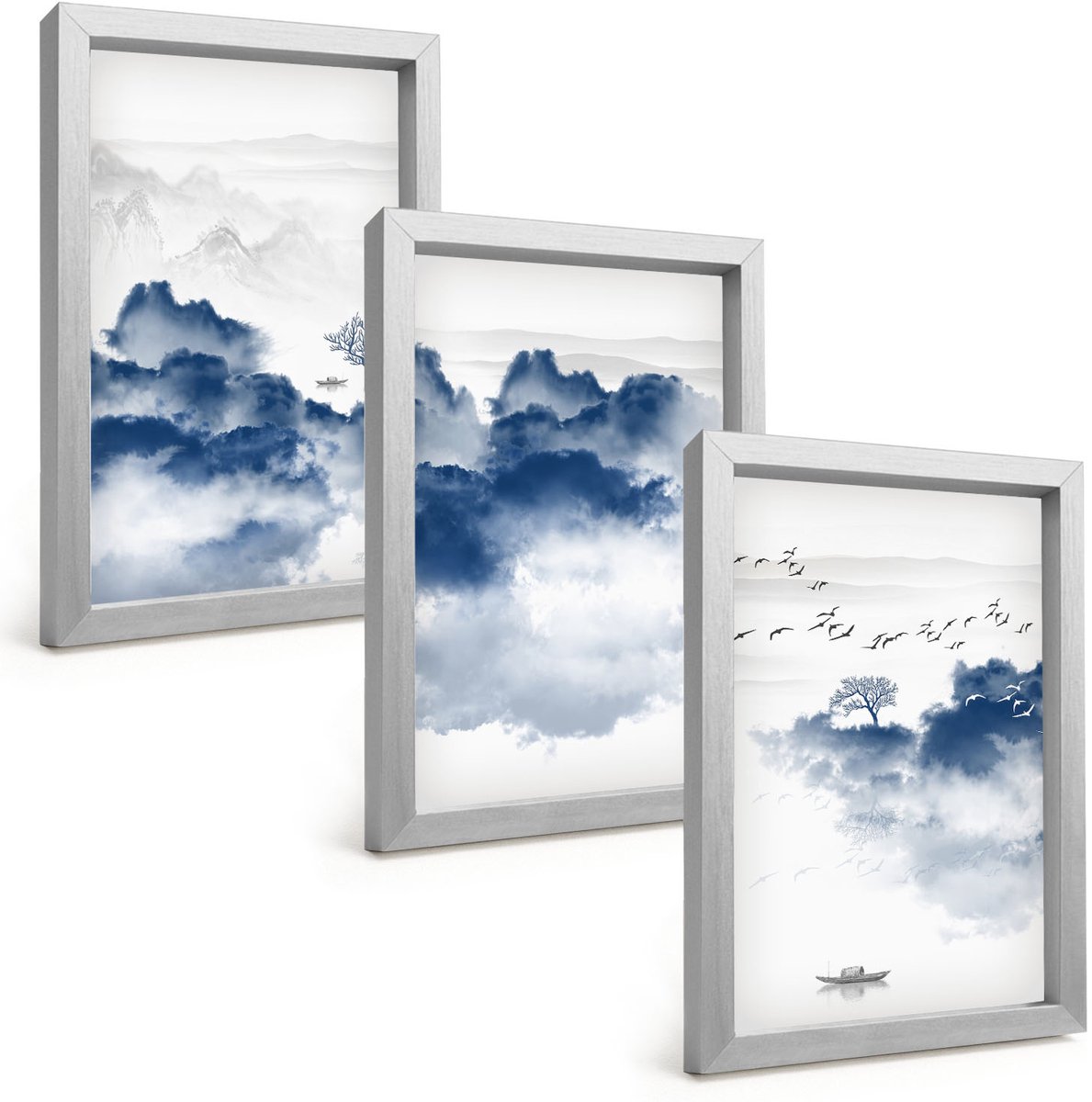 Tulup 4-Delige Schilderij Set - Wolkengebergte met bomen en vogels op de achtergrond - 20 x 30 cm - Stijlvolle Wanddecoratie - Interieur - Decoratieve Schilderijen