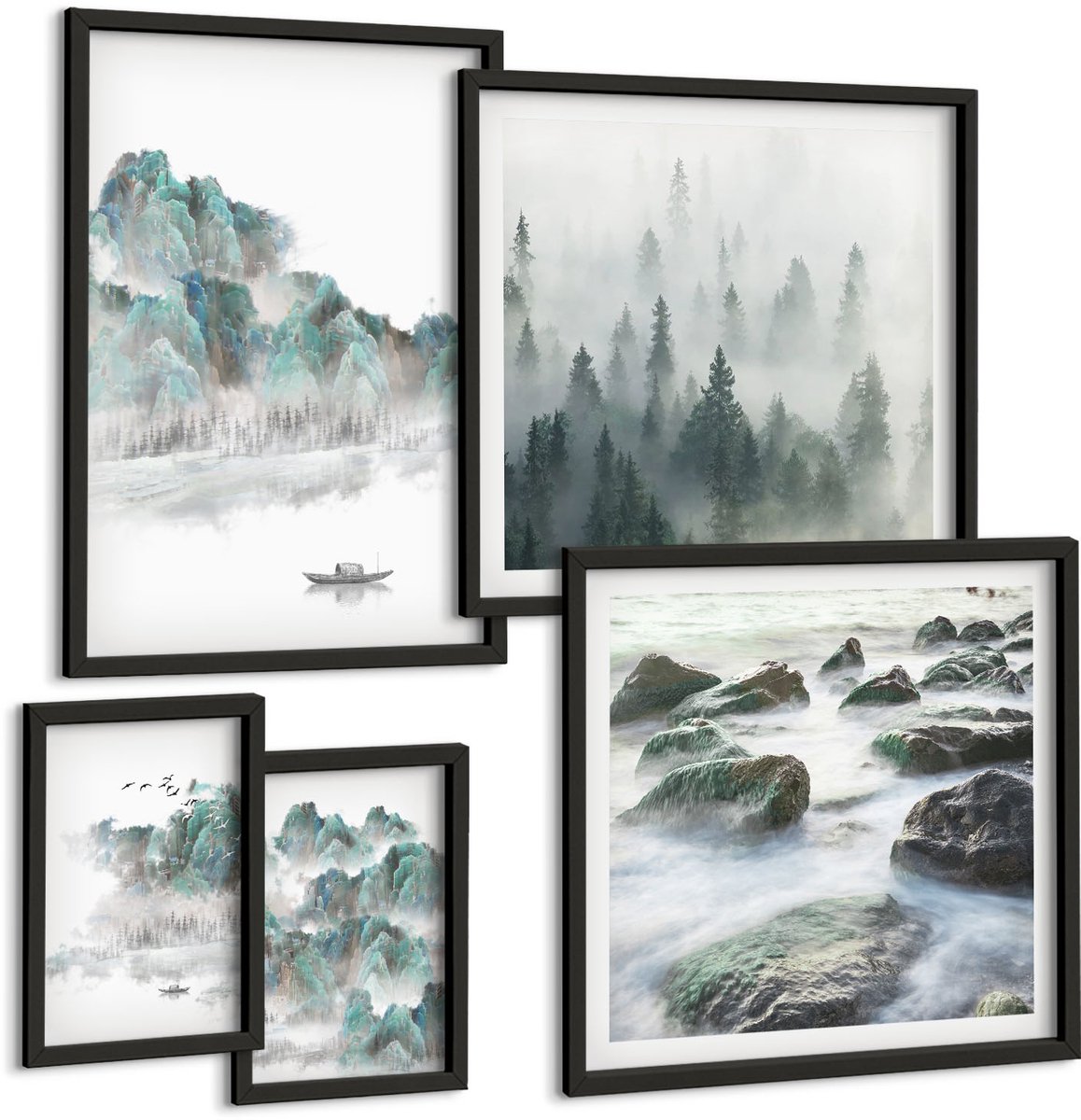 Tulup 4-Delige Schilderij Set - Rustige natuurlijke landschappen met water en vegetatie - 50 x 50 cm, 20 x 30 cm en 40 x 60 cm - Stijlvolle Muurdecoratie - Slaapkamer