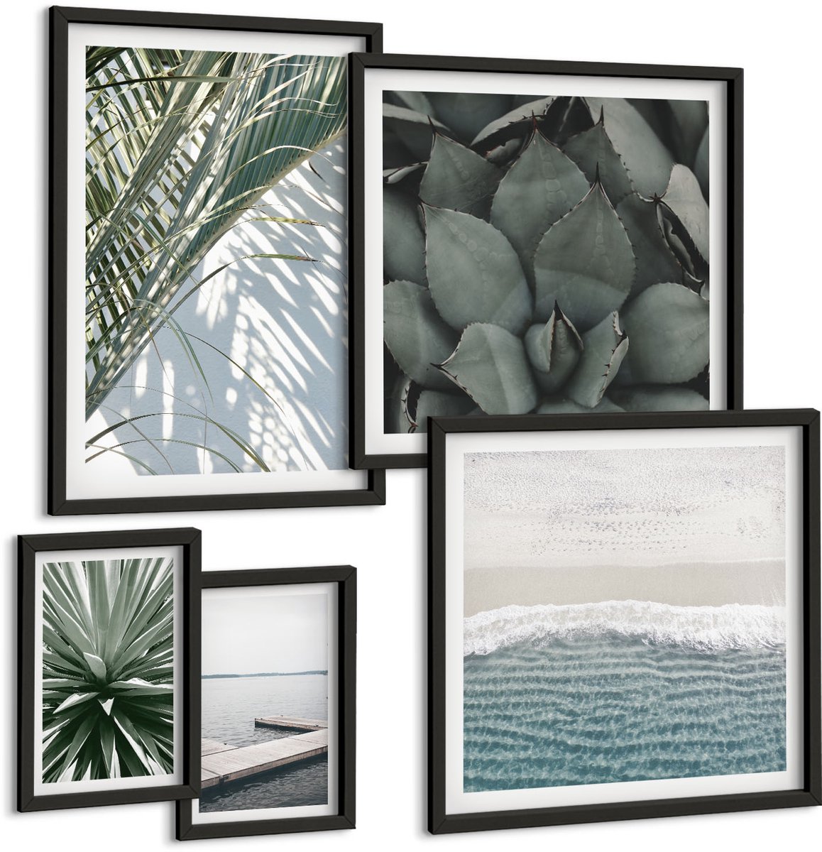Tulup 4-Delige Schilderij Set - Tropische plantenmotieven met uitzicht op zee - 50 x 50 cm, 20 x 30 cm en 40 x 60 cm - Decoratieve Muurdecoratie - Slaapkamer - Decoratieve Schilderijen