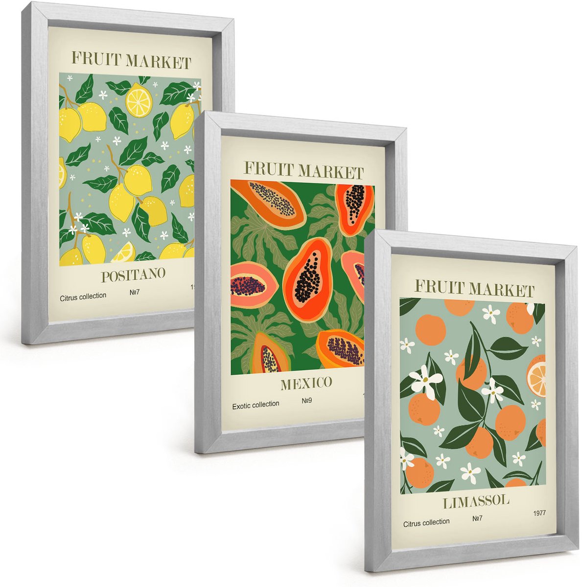 Tulup 4-Delige Schilderij Set - Fruitposters Citroenen Papaja's Mandarijnen Bloemen - 20 x 30 cm - Decoratieve Schilderijen - Wanddecoratie - Hal