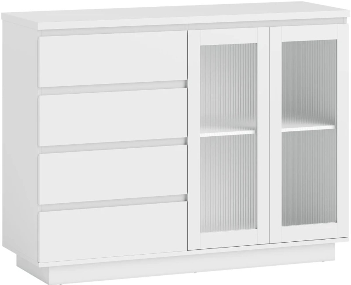 Dressoir - Buffetkast met 4 laden - 2 glazen deuren - Modern design - MDF - Wit