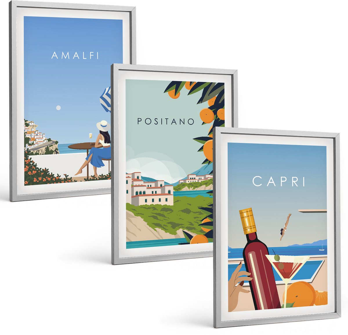TULUP 4-Delige Schilderij Set - Vakantiegezichten Amalfi Positano en Capri - 40 x 60 cm - Muurdecoratie - Interieur Decoratie - Stijlvolle Muurdecoratie Zilveren lijst