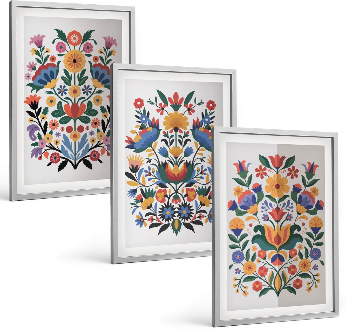 TULUP 4-Delige Schilderij Set - Bloemmotieven in intense kleuren op een witte achtergrond. - 40 x 60 cm - Muurdecoratie - Interieur Decoratie Zilveren lijst