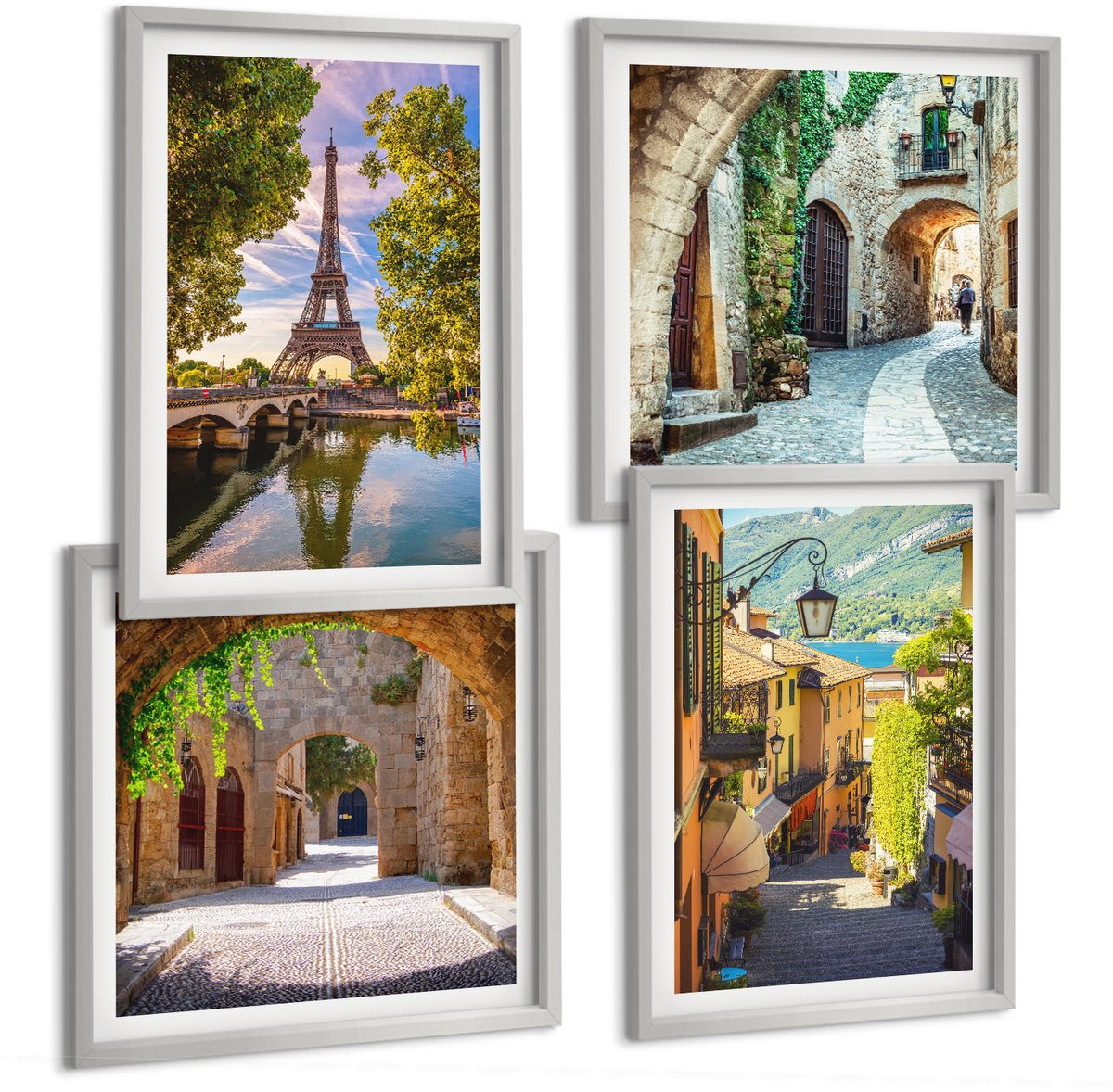 TULUP 4-Delige Schilderij Set - Prachtige straten, historische architectuur, Eiffeltoren - 40 x 40 cm en 40 x 60 cm - Stijlvolle Muurdecoratie - Slaapkamer - Interieur Decoratie Zilveren lijst