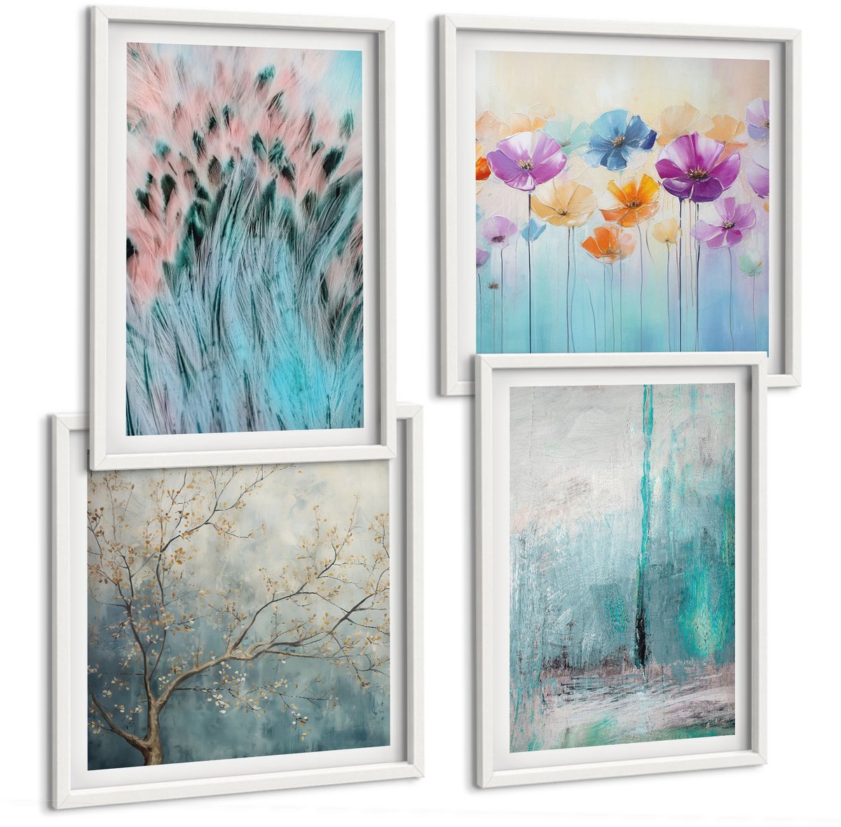 Tulup 4-Delige Schilderij Set - Bloemen op een achtergrond van pastelkleuren en delicate patronen. - 40x40 en 40x60 - Wanddecoratie - Schilderijen Set - Interieur