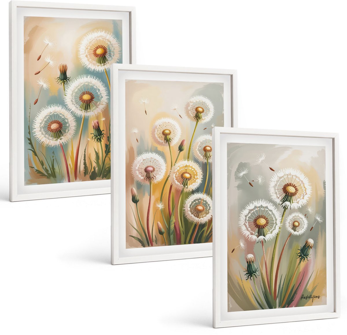 Tulup 3-Delige Schilderij Set - Paardenbloemen tegen een pastelkleurige grasachtergrond - 40x60 - Muurdecoratie - Wanddecoratie - Slaapkamer - Woonkamer Decoratie