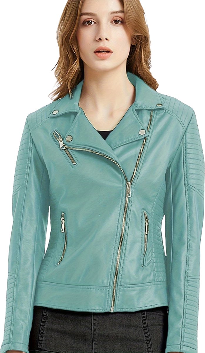 Currero Kunst Leren Jas Leather Jacket Lederen Jas Bomberjack Pilotenjack Blazer Biker Motorjas Motormuis Dames Militair Blauw