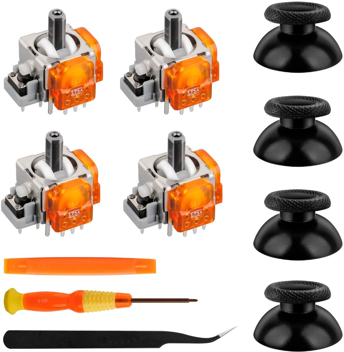 SnelShoppen - 4-Pack TMR Elektromagnetische Joystick Reparatieset voor PS5 Controller, Anti-Drift Sticks met Gele Thumbstick-Doppen, Vervangingsaccess