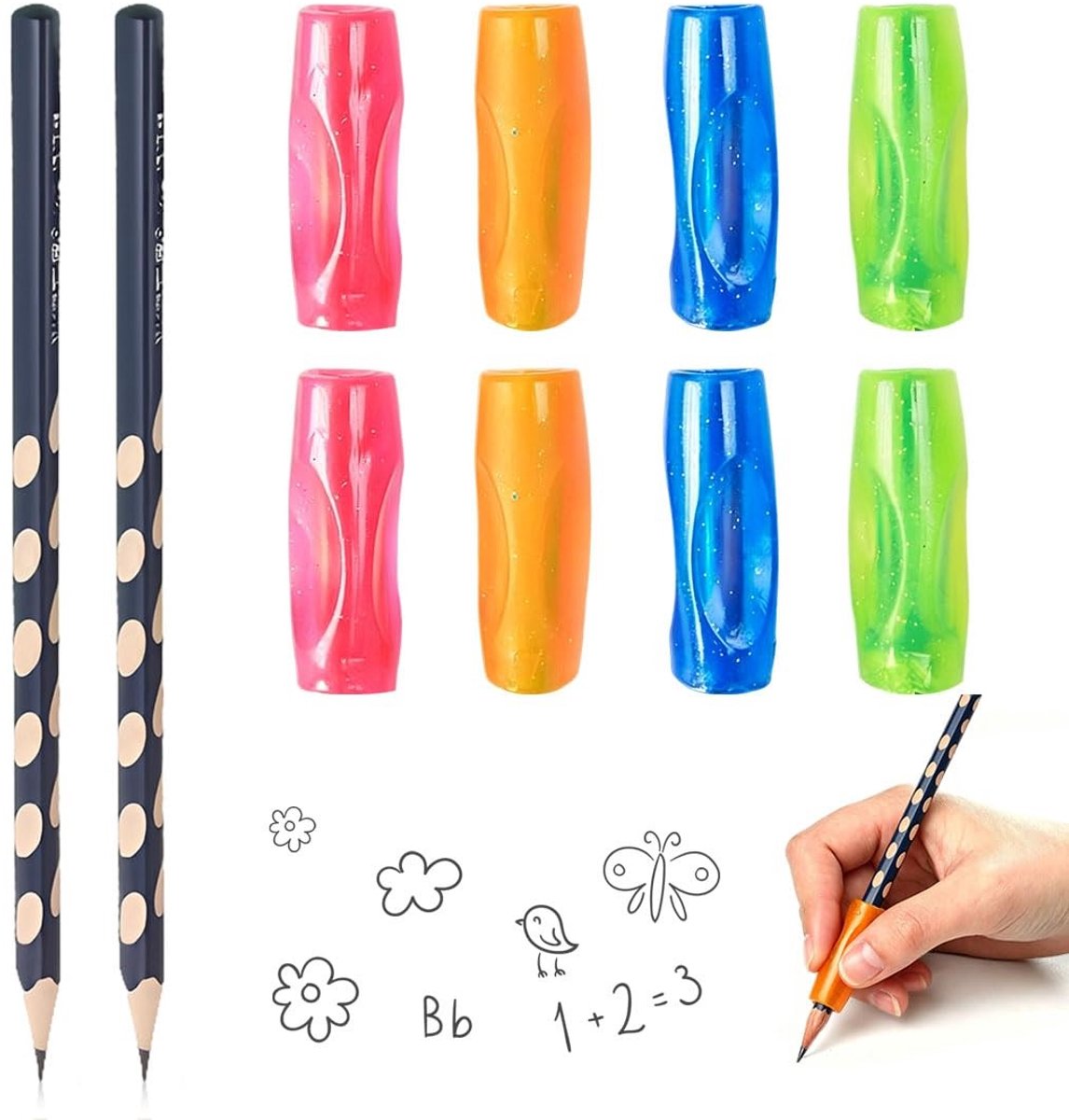 Solidchoice - 8 Stuks Schrijfhulp voor Kinderen + 2 Potloden - Ergonomische Greephouders