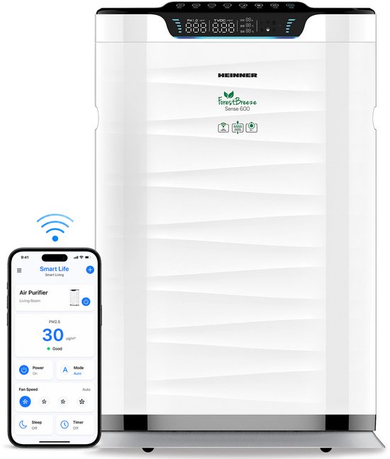 Heinner Luchtreiniger – 75 W – CADR 600 m³/u – Geschikt voor 42–72 m² – WiFi – Air Purifier met HEPA H11-filter – PM2.5 Sensor & Display – Ionisator – 12 uurs Timer – 5 Snelheden –…